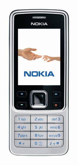 Nokia 6300 mobile phone with a silver body, displaying the Nokia logo and handshake image on its screen, featuring a numeric keypad and navigation buttons.