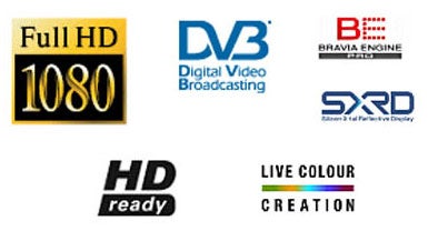 Logos of features related to the Sony KDS-70R2000 70-inch Rear Projection TV, including Full HD 1080, DVB Digital Video Broadcasting, Bravia Engine, SXRD Silicon X-tal Reflective Display, HD ready, and Live Colour Creation.