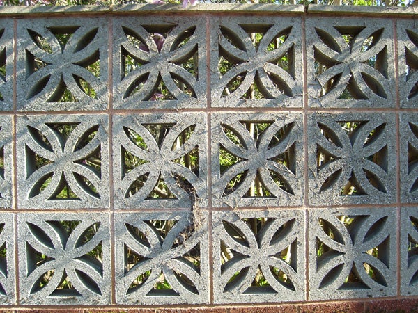 Decorative concrete block wall featuring a repeated star-like pattern with foliage partially visible through the openings.
