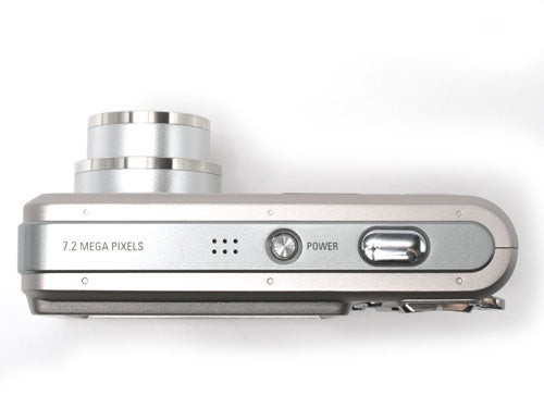 Top view of a silver Samsung L700 digital camera showcasing its 7.2 megapixels label, power button, and lens housing.