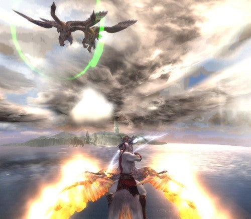 God of War 2 gameplay with character riding Pegasus aiming at griffin.