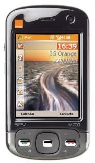 Orange SPV M700 smartphone with a color screen displaying the home screen with icons for calendar and contacts, and indicating 3G network connectivity.