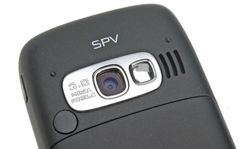 Close-up of the Orange SPV E650 Windows Mobile Smartphone showing the 2.0-megapixel camera lens and LED flash.