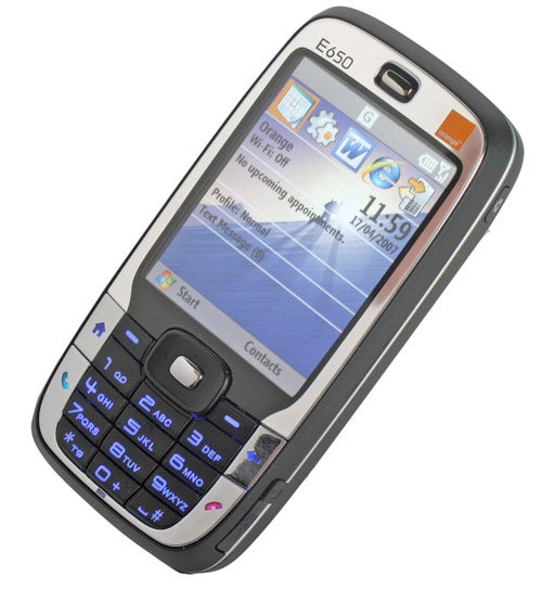 Orange SPV E650 smartphone with a sliding QWERTY keyboard and a Windows Mobile interface displayed on the screen.