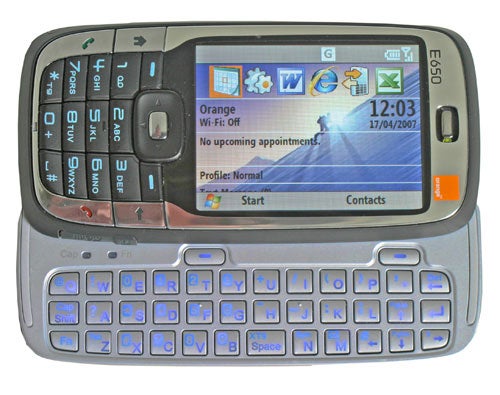 Orange SPV E650 smartphone with a slide-out QWERTY keyboard and Windows Mobile interface displayed on screen.