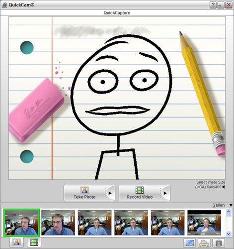 A screenshot of the Logitech QuickCam software interface showing a hand-drawn stick figure on a digital whiteboard, with recording controls visible and thumbnail previews of previous captures at the bottom.