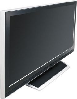 JVC LT-46DZ7 46-inch LCD television with a sleek black screen and silver frame standing on a matching rectangular base.