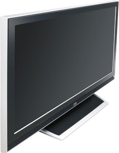 JVC LT-46DZ7 46-inch LCD television with black screen, silver bezel, and black base on white background.