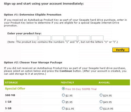 Screenshot of Seagate FreeAgent Pro online registration page with options to enter a product key for eligible promotion and choose a storage package with pricing for monthly and annual plans.