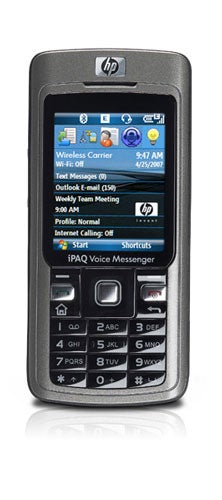 Hewlett Packard iPAQ 514 Voice Messenger smartphone displayed with screen on showing applications and home screen, isolated on a white background.