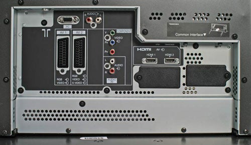 Rear panel of a Panasonic Viera TH-37PX70 37-inch Plasma TV showcasing the various input and output connections, including HDMI, audio/video ports, and a common interface slot.