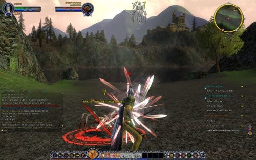 Screenshot of gameplay from 'Lord of the Rings Online: Shadows of Angmar' showing a character engaged in combat with a glowing weapon effect, equipped user interface elements, and a scenic Middle-earth landscape in the background.