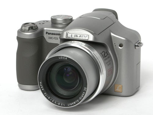 Panasonic Lumix DMC-FZ8 digital camera with 12x optical zoom lens displayed on a white background.