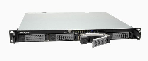 Netgear ReadyNAS 1100 network attached storage device in a horizontal position with front panel displaying LED status indicators, USB ports, and drive bays.