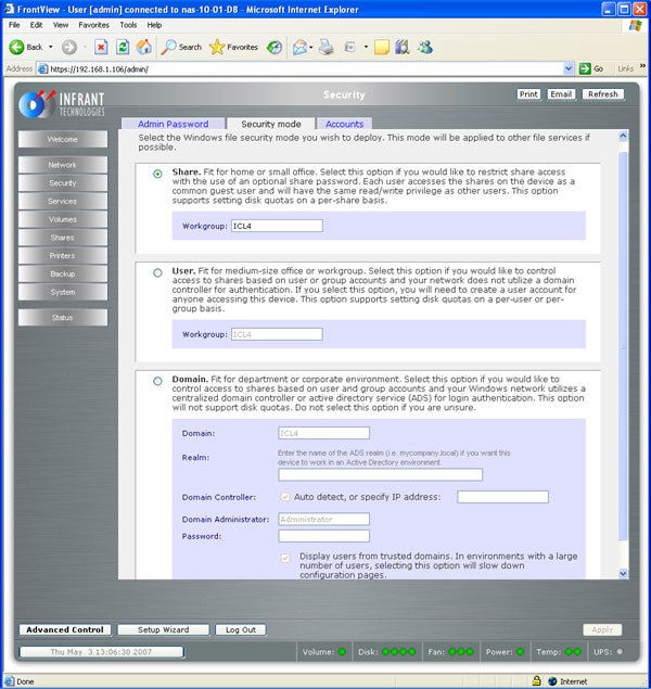 Screenshot of a Netgear ReadyNAS 1100 network attached storage web interface displaying security settings in Internet Explorer, with focus on the Admin Password and Accounts section.