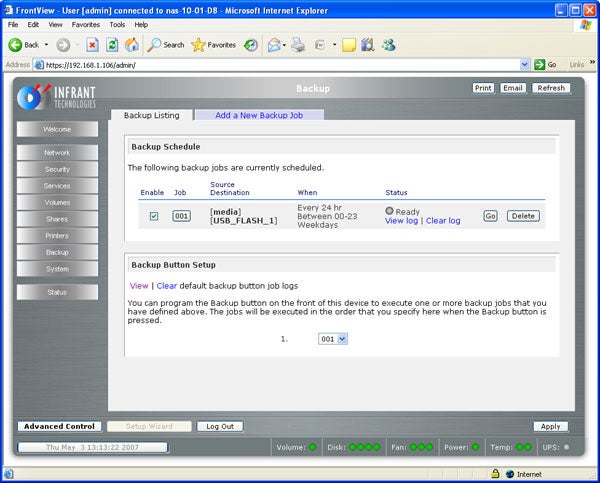 Screenshot of the Netgear ReadyNAS 1100 management interface showing the backup schedule configuration with an option to add new backup job.