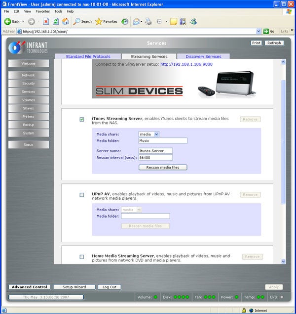 Screenshot of a Netgear ReadyNAS 1100 web interface showing streaming services configuration with options for setting up iTunes Server and UPnP AV media sharing.