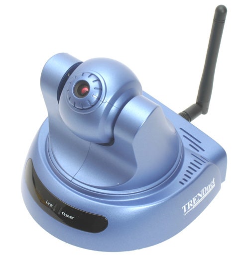 Trendnet TV-IP400W wireless pan and tilt internet camera with antenna, blue and silver body, featuring LED indicator lights and branding on the front.