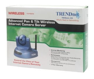 Box of Trendnet TV-IP400W advanced pan and tilt wireless internet camera server, highlighting features such as remote view control, internet monitoring, secure encryption, and a 3-year warranty.