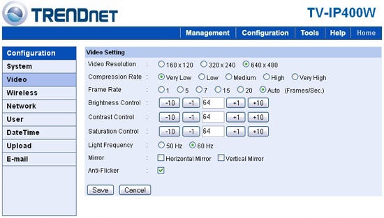 Screenshot of TRENDnet TV-IP400W camera's configuration interface showing video settings options including resolution, compression rate, frame rate, brightness, contrast, saturation controls, light frequency, mirror, and anti-flicker features with 'Save' and 'Cancel' buttons.