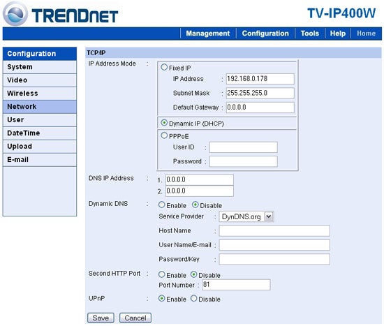 Screenshot of the configuration settings interface for Trendnet TV-IP400W showing TCP/IP settings with options for Fixed IP, DHCP, PPPoE, and Dynamic DNS.
