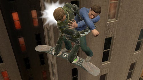 Screenshot from Spider-Man 3 video game showing the character in a green and brown suit holding a civilian while skateboarding through the air between city buildings.