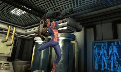 Spider-Man character in a video game scene performing an upside-down attack on an enemy in a high-tech industrial environment.