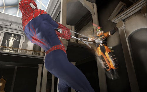 Spider-Man swings towards an enemy in an indoor environment in a screenshot from Spider-Man 3 - The Video Game.