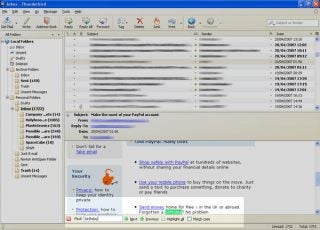 Screenshot of Mozilla Thunderbird 2 email client interface showing the inbox layout with a selected email message regarding Paypal account tips, a list of folders on the left, and various menu and toolbar options at the top.