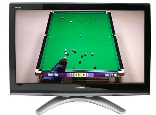 Toshiba Regza 42X3030D 42-inch LCD TV displaying a snooker game with visible scoreboard and brand logo.