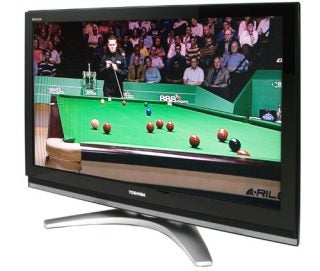 Toshiba Regza 42X3030D 42-inch LCD TV displaying a snooker match, with the brand logo visible and stand attached.