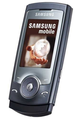 Samsung SGH-U600 mobile phone with slide-up design and display showing the Samsung logo and a hand holding a glowing orb.