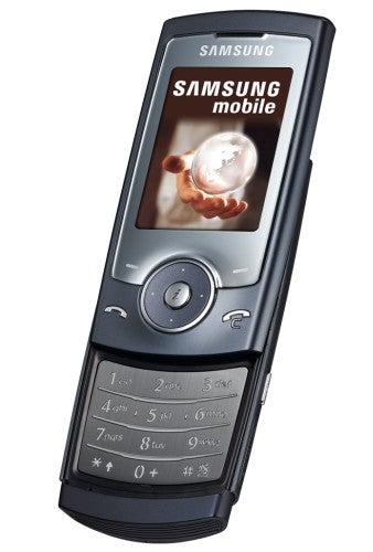 Samsung SGH-U600 mobile phone with sliding keypad extended and screen displaying Samsung logo and image of a glass globe.