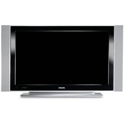 Philips 37PF5521D 37-inch LCD TV with a black screen, silver bezel, and speakers located below the screen displaying the Philips logo.