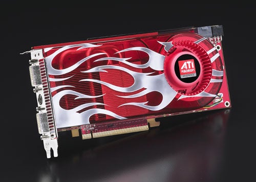 AMD Radeon HD 2900 XT graphics card with red and white artistic design on the cooling shroud and a red fan, displaying HDMI, DVI, and video output ports on a black background.