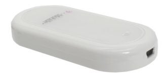 T-Mobile web 'n' walk USB modem showing the company logo on its white oblong body with a USB connector on one end.