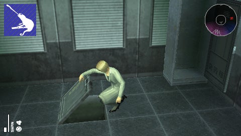 A screenshot from the game Metal Gear Solid: Portable Ops showing a character in a light-colored uniform crouching behind a low wall in a corridor, with a directional stealth action icon in the top left corner and a radar display in the top right corner.