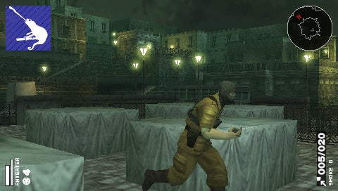 Screenshot from the video game Metal Gear Solid: Portable Ops showing a character sneaking past enemies in a dimly lit outdoor environment with a gameplay HUD displaying health status and a mini-map.