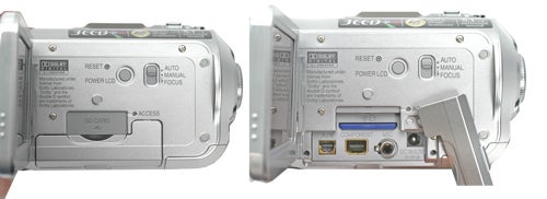Two side-by-side images of a Panasonic HDC-SD1 High Definition SD Camcorder, showing the ports and controls. The left image displays the left side of the camcorder with various button controls for reset, power level, and a flip-open panel revealing accessory ports. The right image shows the camcorder with the screen flipped out to the left, uncovering additional controls for focus, zoom, and exposure, along with ports for connectivity.