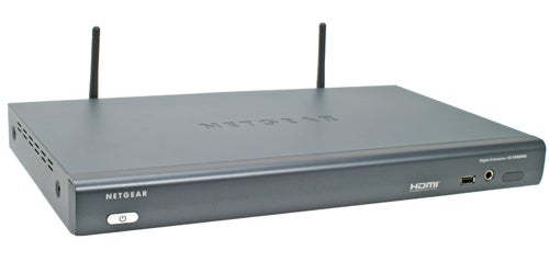 Netgear Digital Entertainer HD EVA8000 streaming media player with dual antennas and ports for HDMI, USB, and network connectivity.