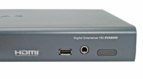 Close-up view of the Netgear Digital Entertainer HD EVA8000 media streamer showcasing HDMI and other connectivity ports on the side panel.