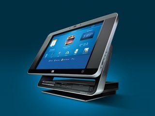 HP TouchSmart IQ770 PC displayed on a blue background.