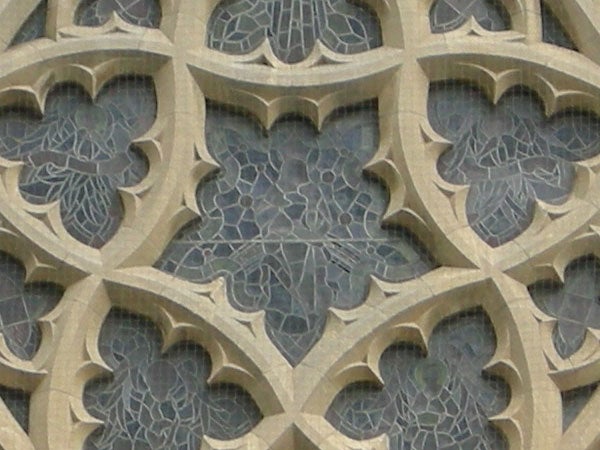 Patterned stone tracery on gothic architecture facade.