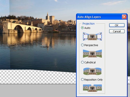 Adobe Photoshop CS3 Auto-Align Layers feature interface.