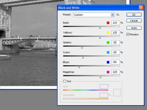 Adobe Photoshop CS3 Black and White adjustment dialog box.