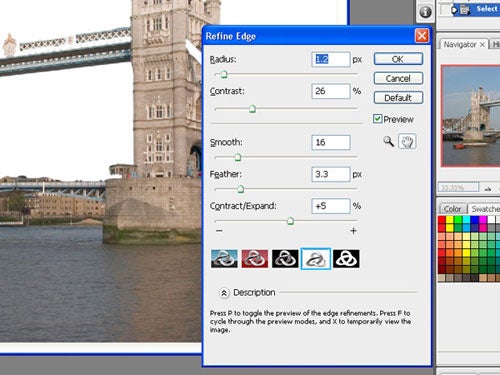 Screenshot of Adobe Photoshop CS3 Refine Edge tool in use.