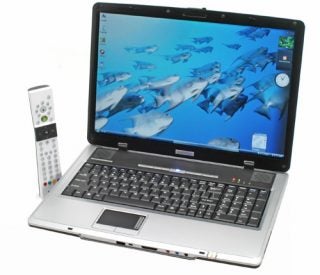 Evesham Zieo N500-HD laptop with remote control on white background.