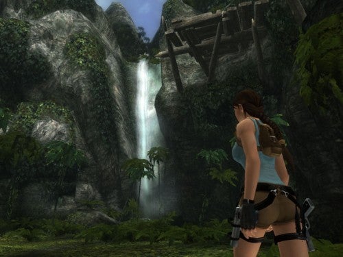 Lara Croft character in Tomb Raider: Anniversary game environment.