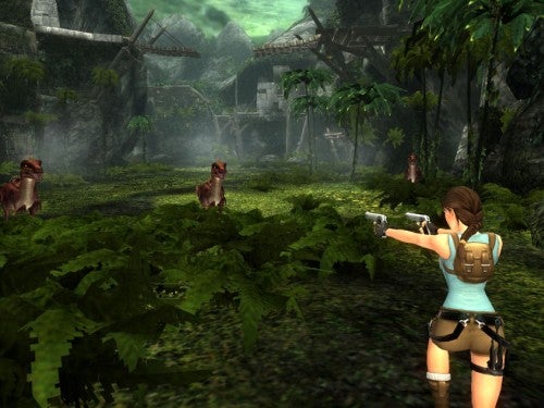 Tomb Raider: Anniversary gameplay with character and dinosaurs.
