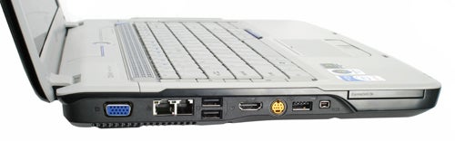 Acer Aspire 5920 laptop showing side ports and DVD drive.